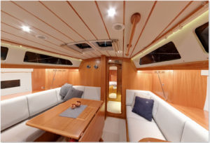 Starboard side living room, mahogany